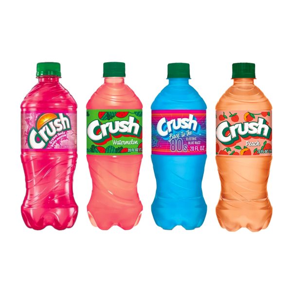 Crush Soda variants shown together in original branded bottles and cans.