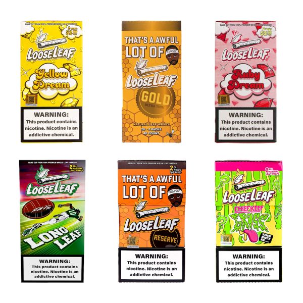 Loose Leaf natural tobacco leaf wraps displayed in original branded packaging with multiple wrap options visible.