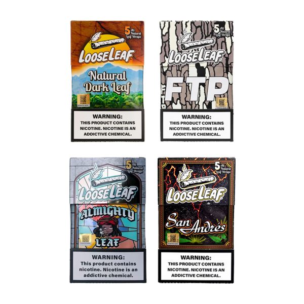 Loose Leaf tobacco wrap variants displayed in original branded packaging, including multiple natural leaf wrap options shown side by side.