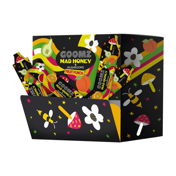 Goomz Mad Honey Mushrooms Fruit Punch drink can shown for online catalog and product identification.