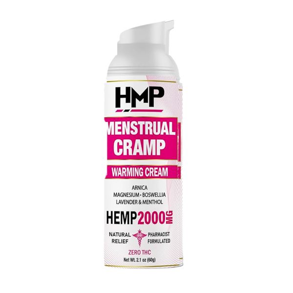 HMP Brands menstrual cramp relief cream 2000 mg tube shown for online catalog and product identification.
