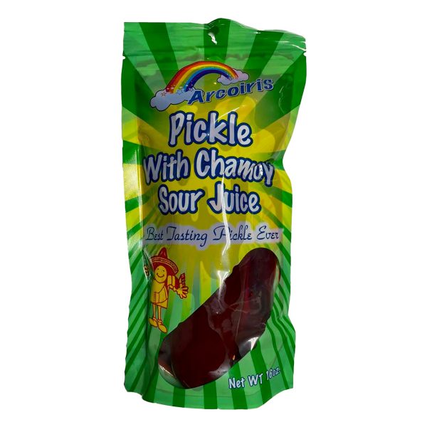 Arcoiris 2 dill pickles with chamoy juice 16 oz jar packaging with pickles and chamoy