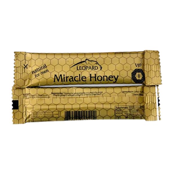 Leopard Miracle of Honey product packaging with honey bottle and decorative label