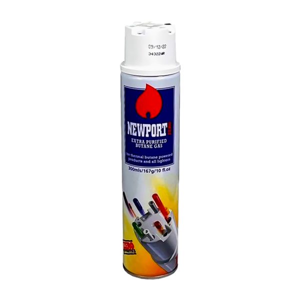 Newport Extra Purified Butane gas canister packaging for lighters and torches