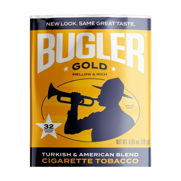 Bugler Rolling Tobacco Gold pouch packaging with premium rolling tobacco